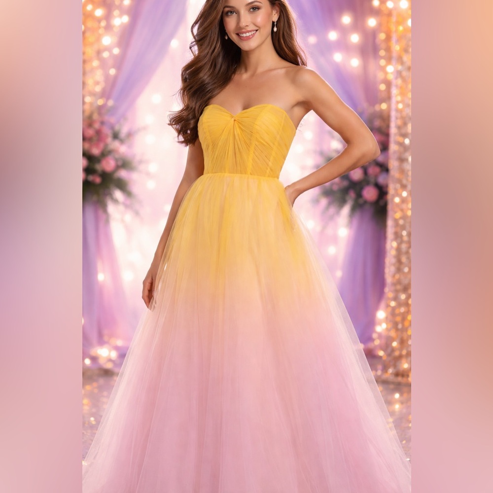 Mac Duggal Yellow & Pink Strapless Corset Ombre Tulle Ballgown NWT